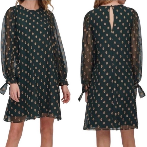 Calvin Klein Dresses & Skirts - CALVIN KLEIN Green Gold Accent Sheer Shift Tie Long Sleeve Cuff Mini Dress Sz 10